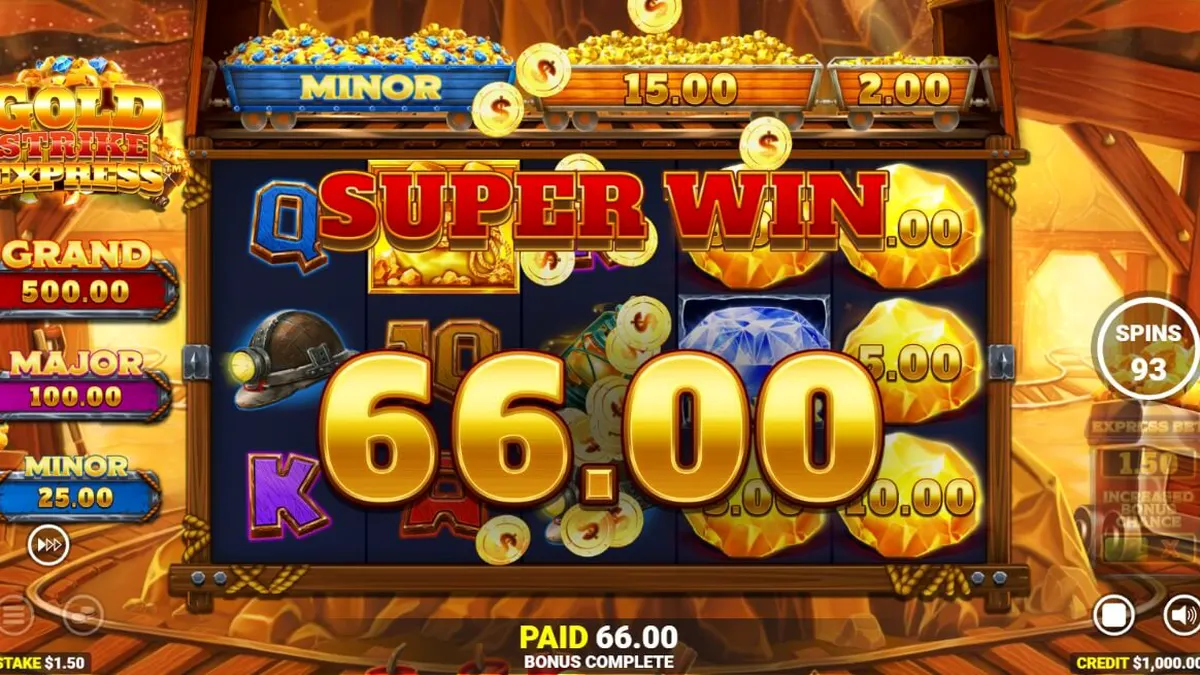 Tampilan visual slot Gold Strike Express dengan tema tambang emas dan jalur kereta api.